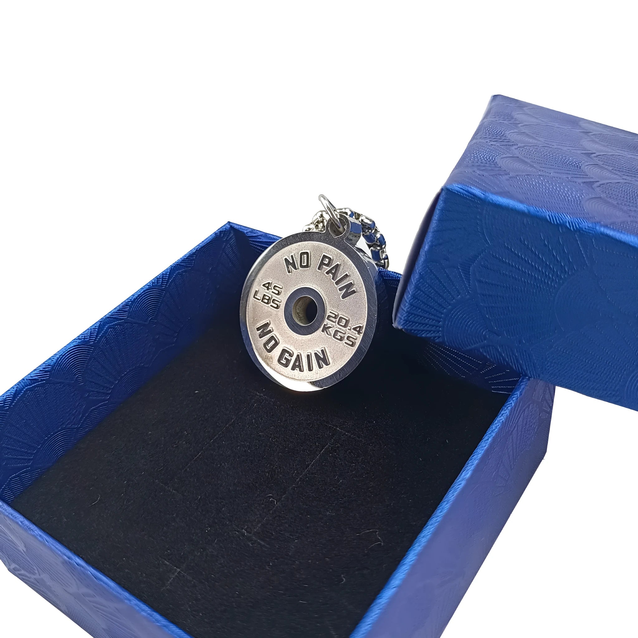 Polished stainless steel barbell disk necklace with geometric pendant on 60cm chain