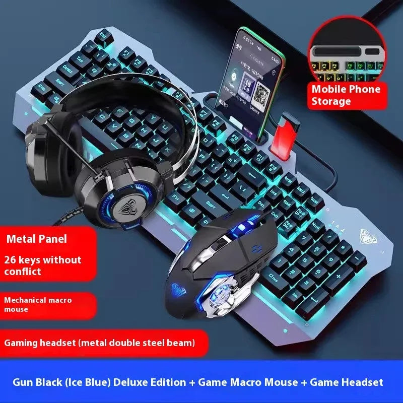 F3010 black and white metal gaming keyboard, mouse, and headset bundle with single-colour LED backlighting.