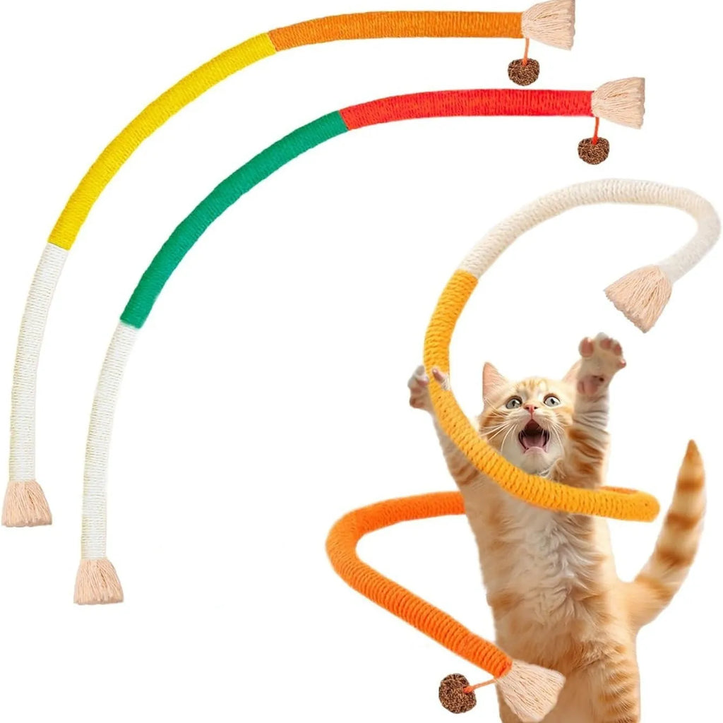 Long purple, orange, and red-with-green cotton rope cat toys stuffed with catnip for biting and playing.
