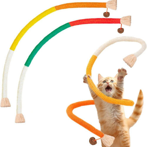 Long purple, orange, and red-with-green cotton rope cat toys stuffed with catnip for biting and playing.