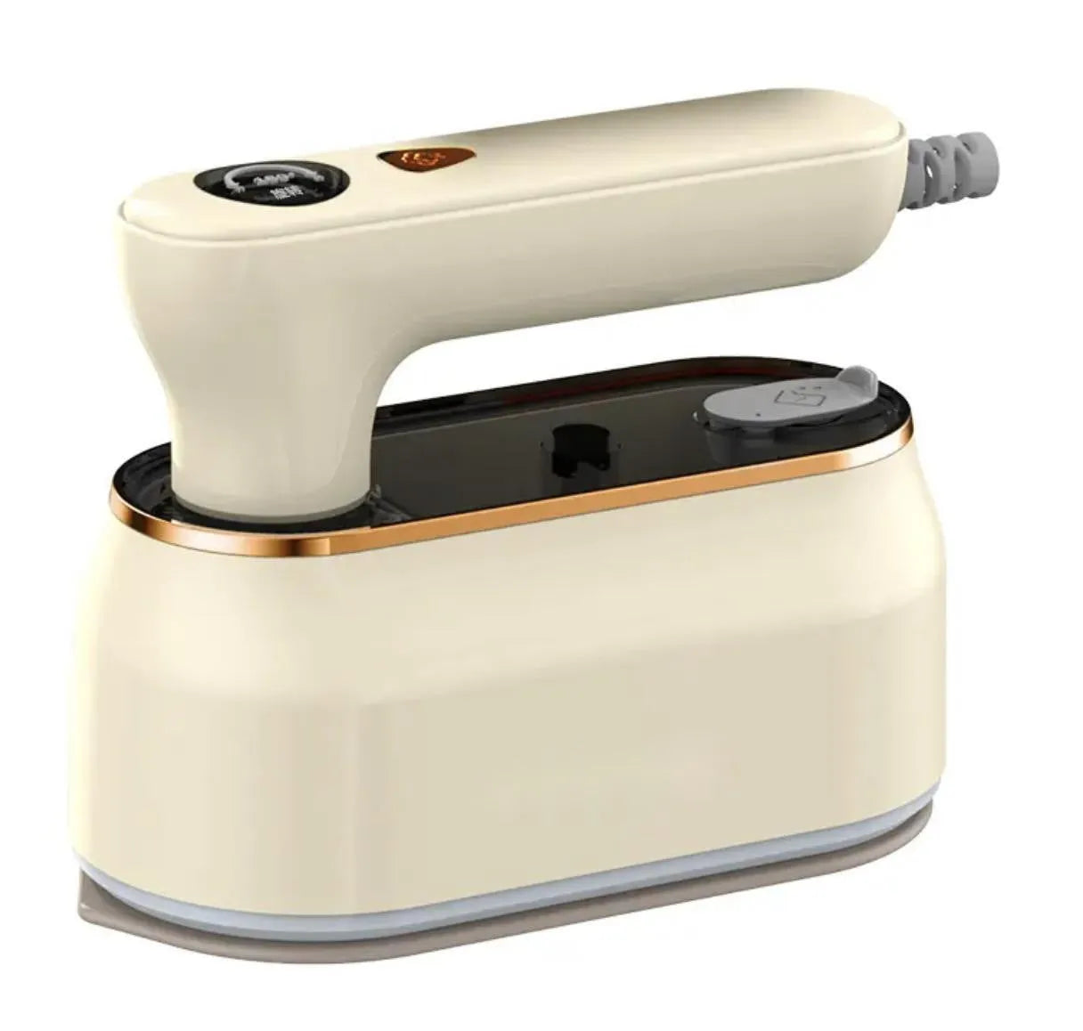 Foldable portable steam iron in light purple on a white background, showing its compact design and ceramic soleplate.