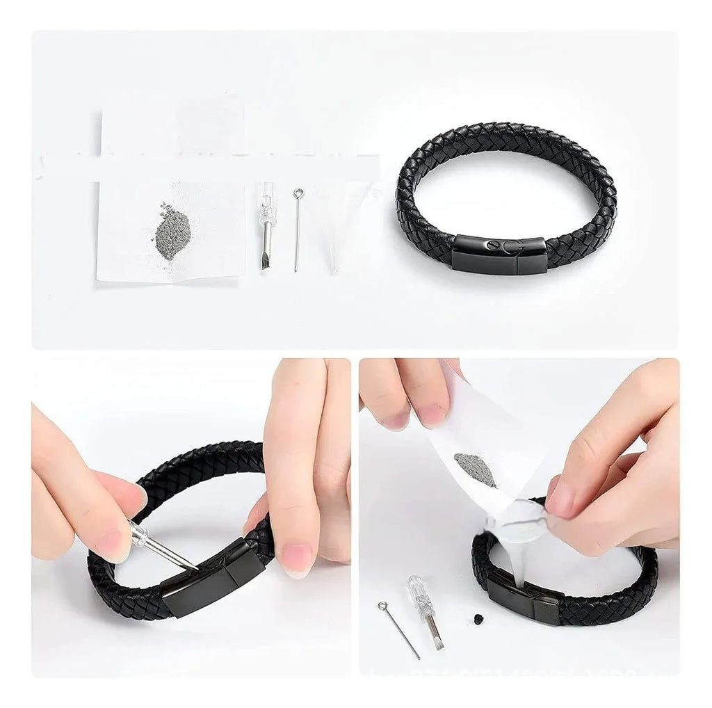 Black leather woven stainless steel memorial bracelet with engraved text in gift box