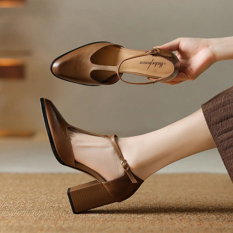 Women's retro pointed-toe Mary Jane shoes with a buckle, in pink or dark brown cowhide.