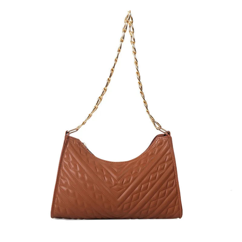 Brown PU leather pleated chain baguette shoulder bag with adjustable strap and soft carry handle