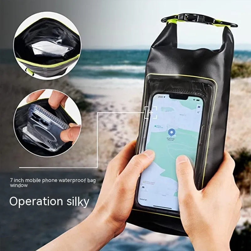 Black waterproof crossbody PVC bag for mobile phones, shown in 2L and 5L sizes.