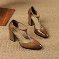 Women's retro pointed-toe Mary Jane shoes with a buckle, in pink or dark brown cowhide.