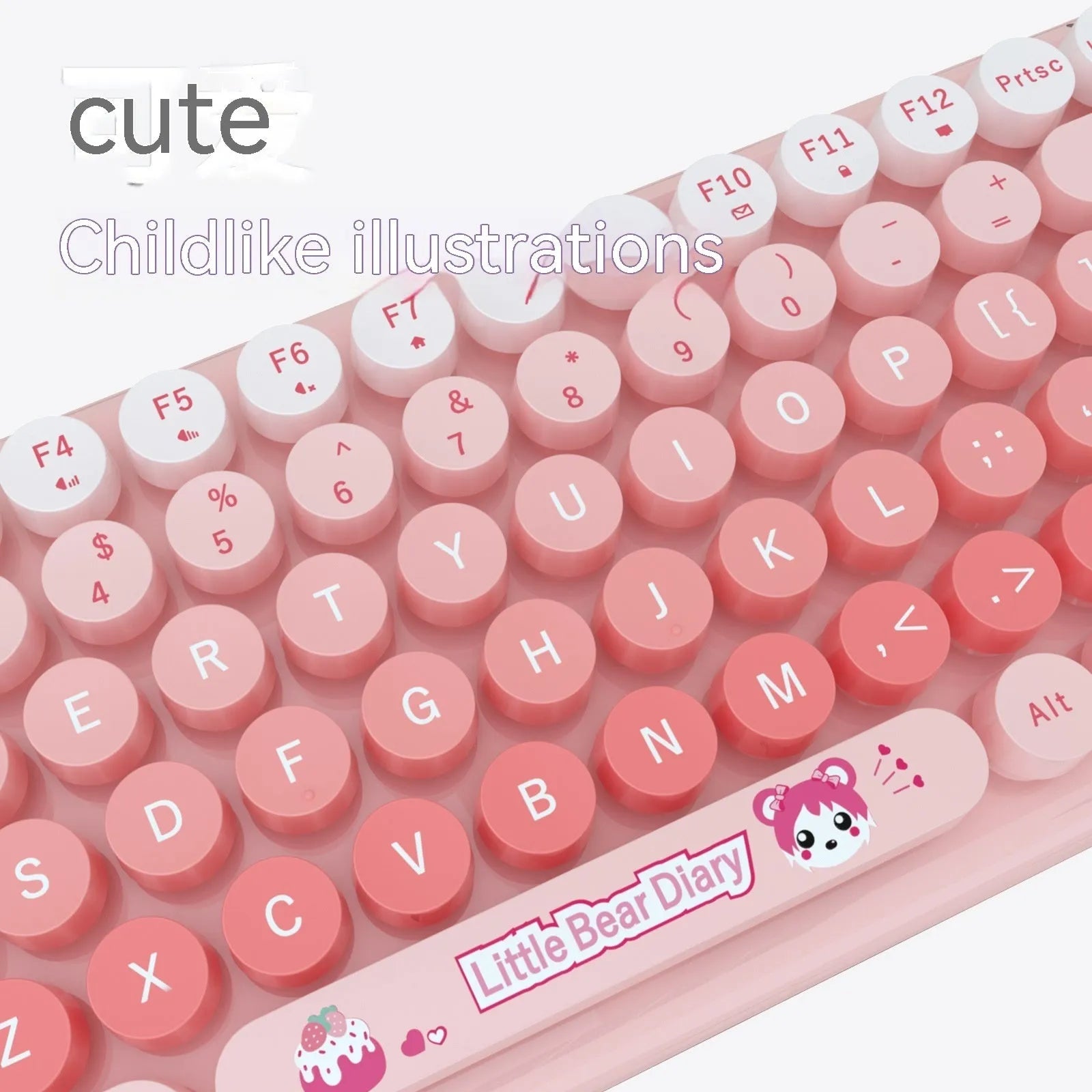 Pink miniature cartoon wireless keyboard and mouse set with USB receiver on desk