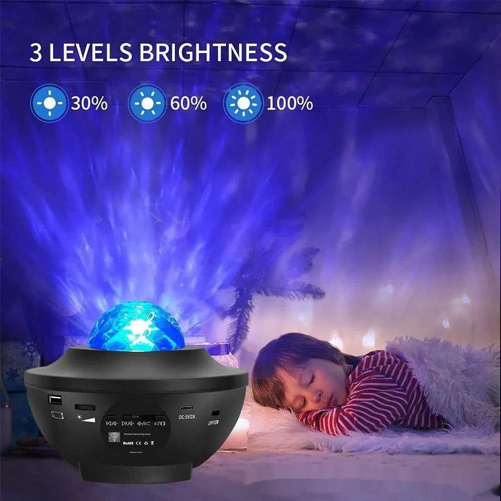 Small black bowl-shaped projection lamp showing starry sky and water ripple lighting effects on wall