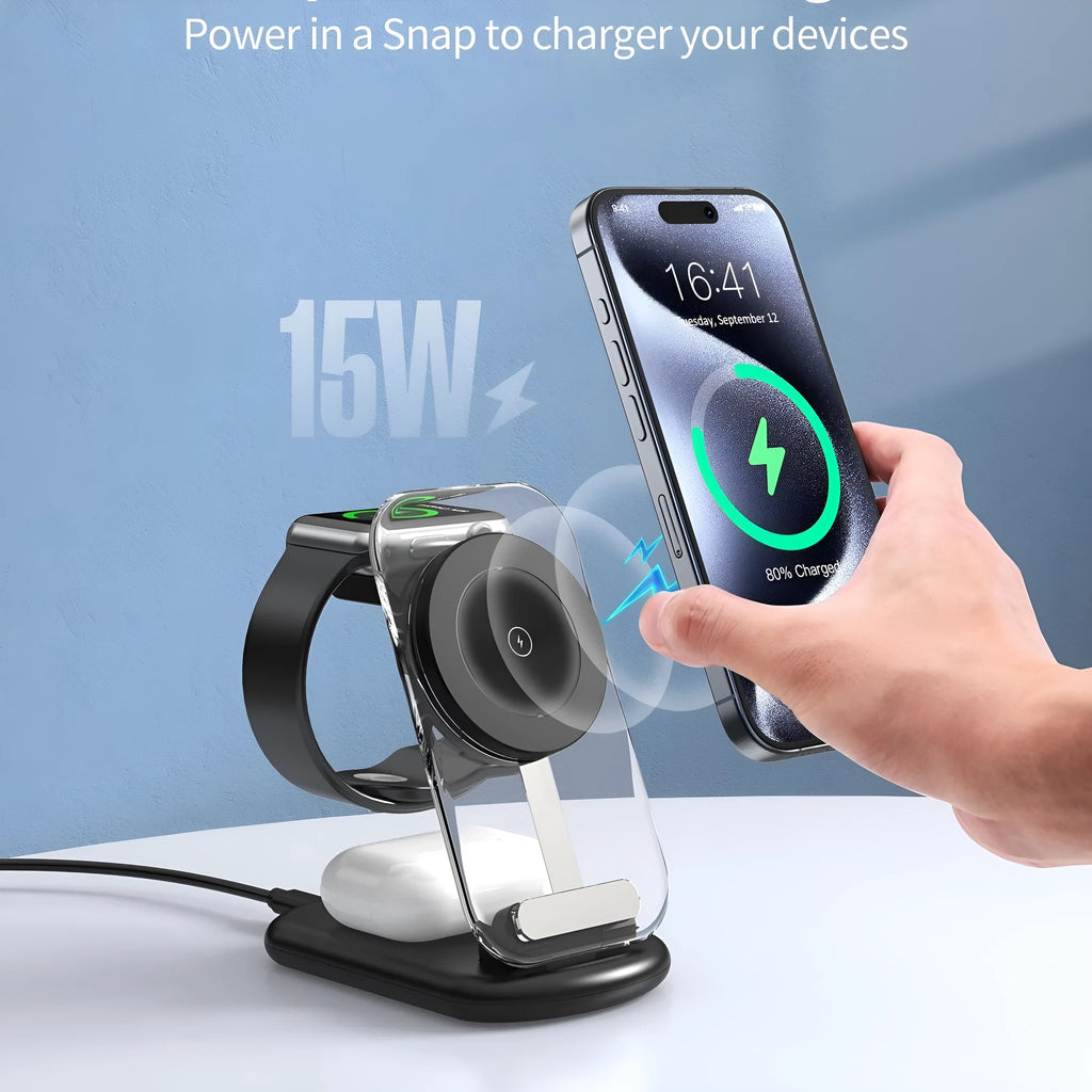 Transparent folding magnetic three-in-one wireless charger showing internal components