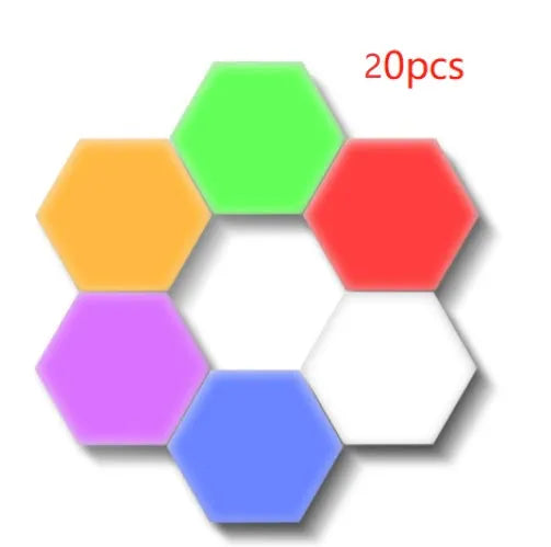 Hexagonal honeycomb wall lamp modules arranged in pattern with touch control and LED lighting