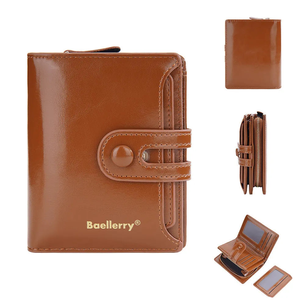 Women's PU leather card holder wallet shown in available colours: black, white, blue, red, green, brown, pink, orange.