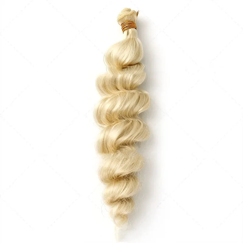 Golden synthetic hair weft wig for women shown in 18-inch, 20-inch and 22-inch length options.