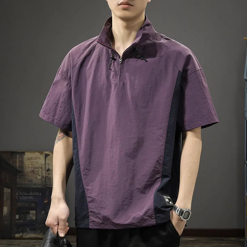 Men's brown half-zip stand collar business shirt with short sleeves and loose fit for summer