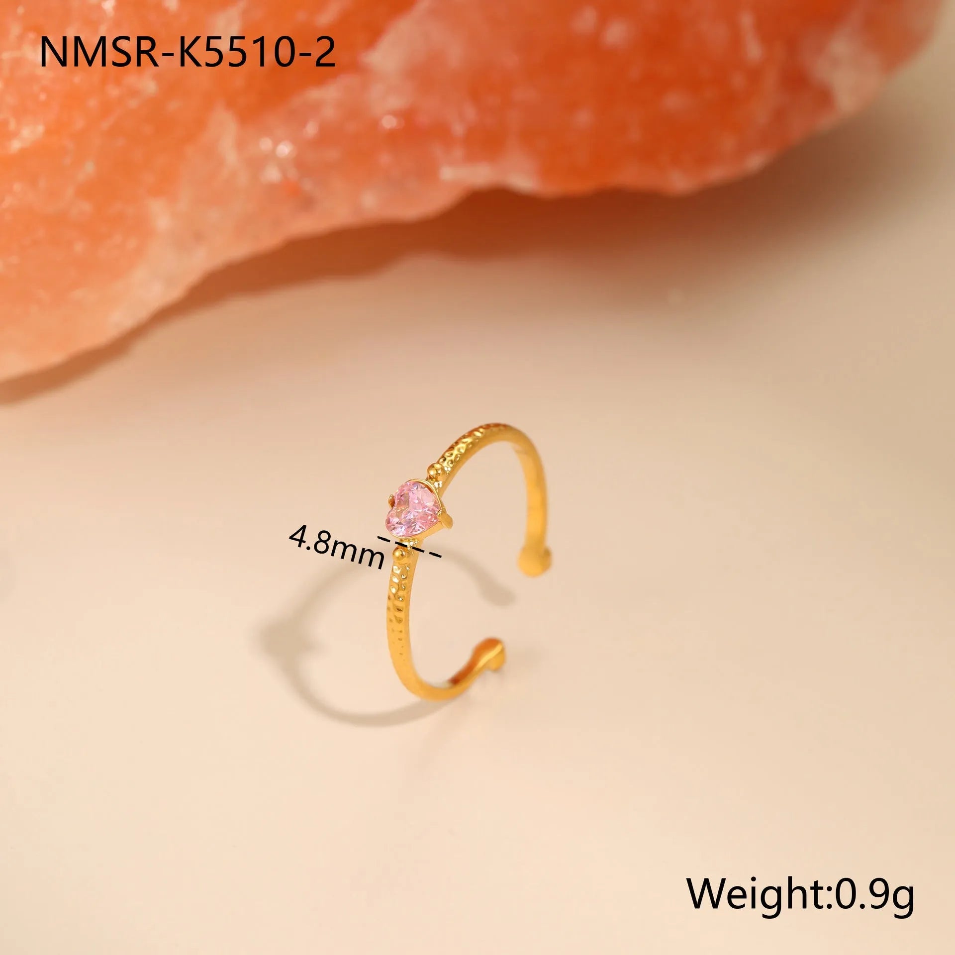 Open ended stainless steel ring with heart-shaped zirconium inlay in white, pink or green