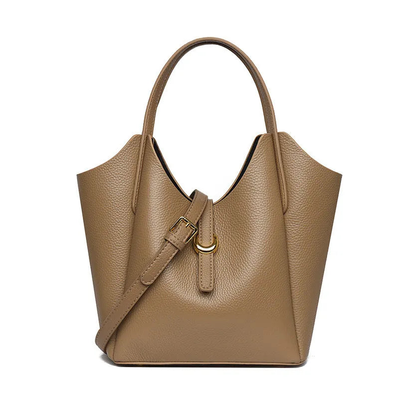 Genuine leather women's large capacity bucket bag in retro style with hand-held design