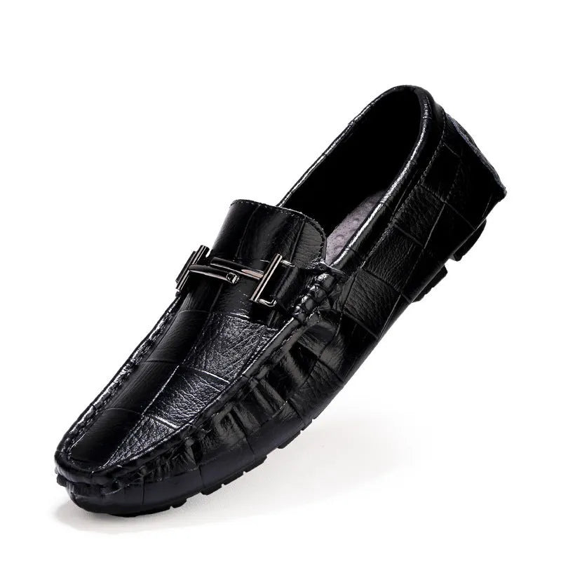 Men's casual leather shoes with belt buckle in black, blue, bronze, and white colour options