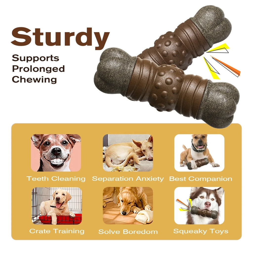 Wood colour plastic sounding bone dog toothbrush toy with attached molar rod for canine dental cleaning