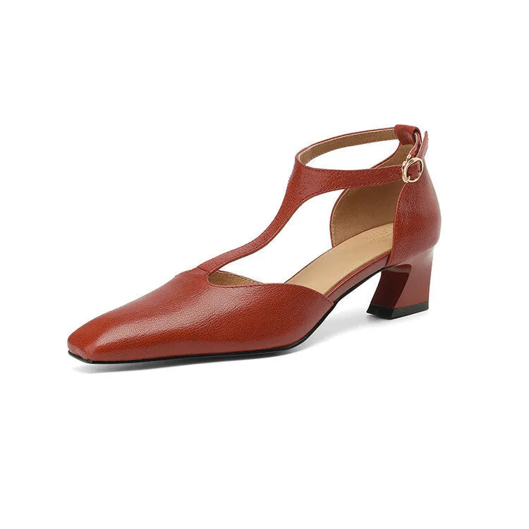 French retro square toe chunky heel sheepskin leather shoes in red colour