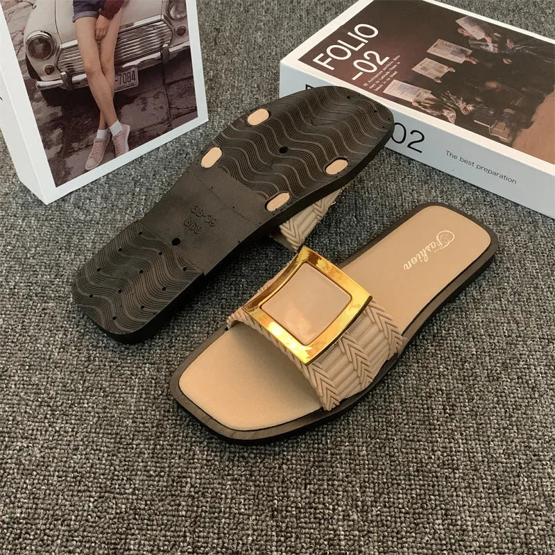 Women's casual summer flat slippers in apricot, black, or khaki with waterproof PVC soles