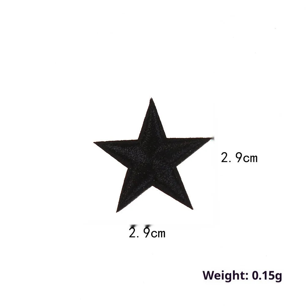 Colourful embroidered five-pointed star designs on cloth sticker labels for DIY clothing customisation.
