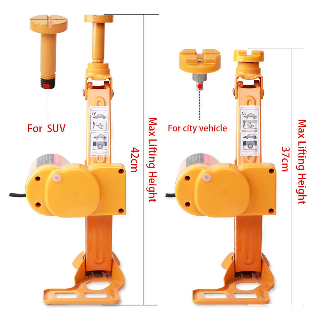 Yellow electric car jack and wrench set made of steel on a white background.