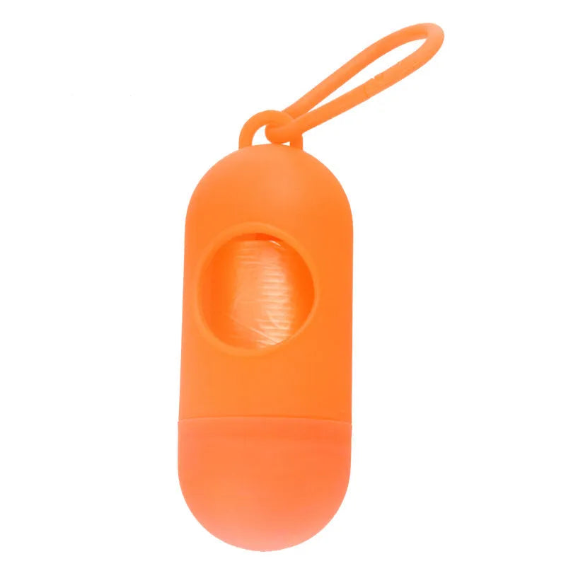 Small square dog waste bag dispenser with a metal side hook, shown in various colours.