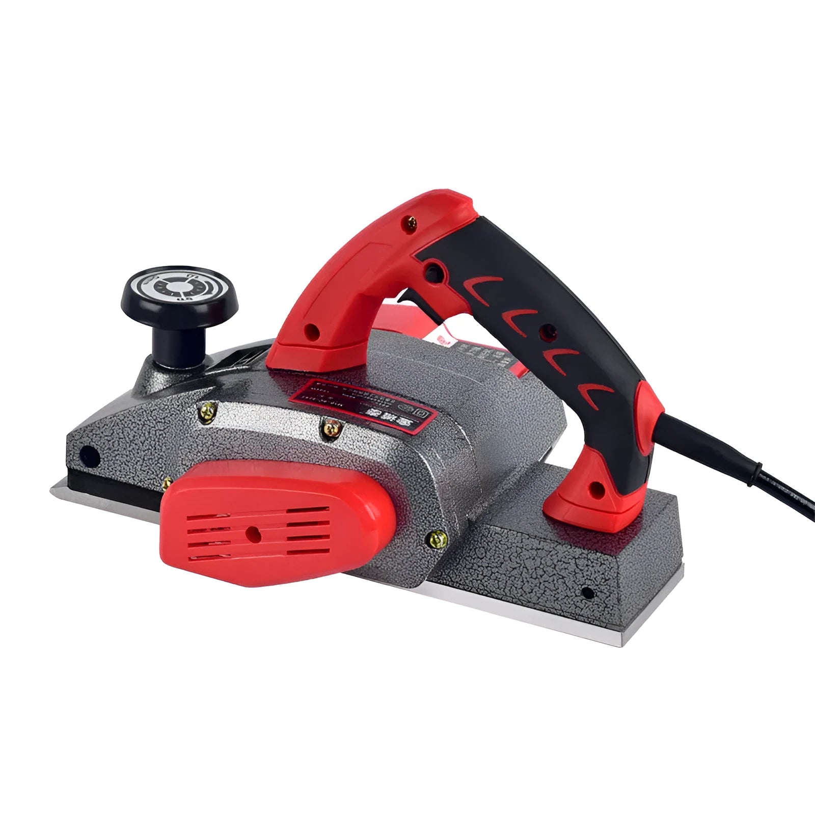 Red aluminium shell electric wood planer tool with 82mm planing width on a workbench.
