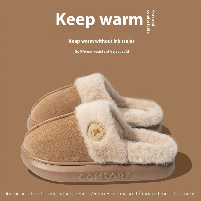Fleece indoor slippers with thick PVC soles in various colours showing car stitching detail