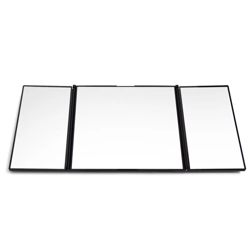 Silver car folding makeup mirror shown open at 30.5x14cm and folded at 15.5x14cm