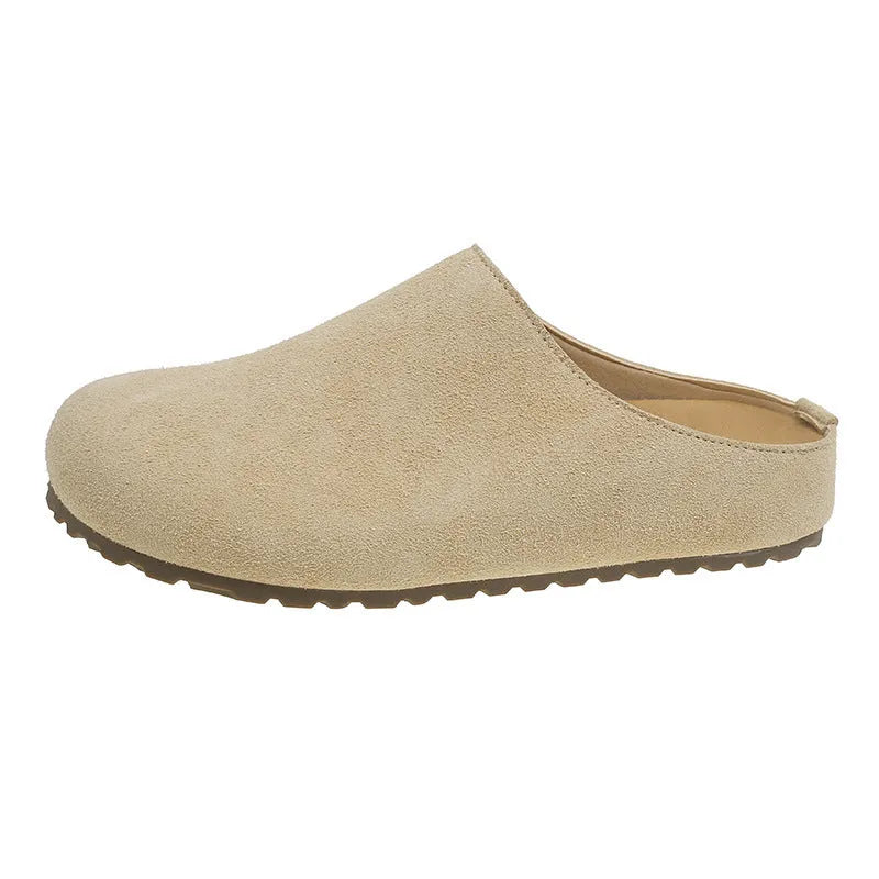 Women's outdoor slippers in apricot colour with microfiber upper, flat slip-on design, and square toe