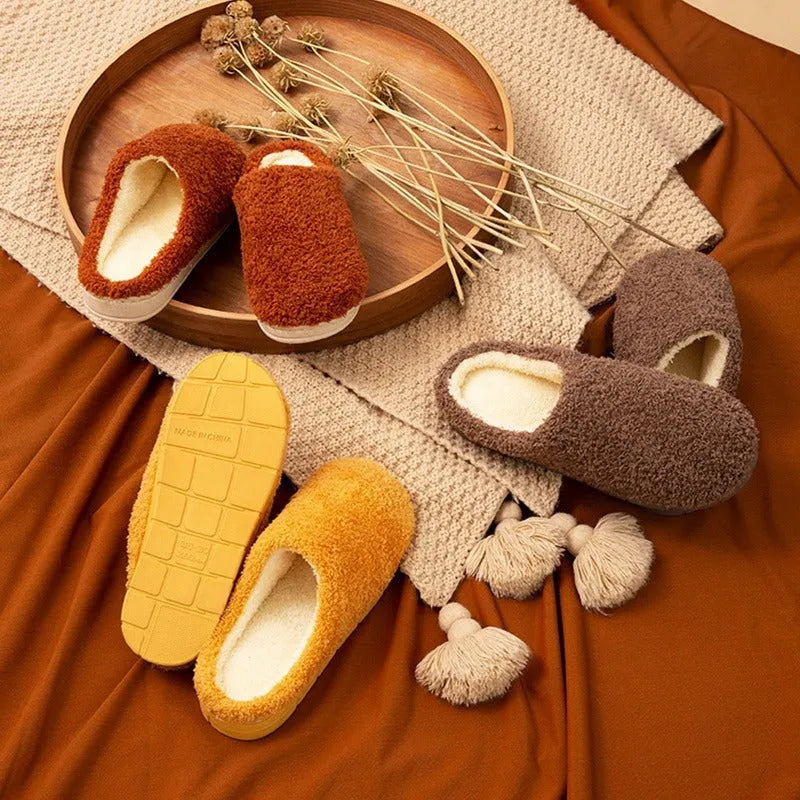 Furry suede thickened non-slip bedroom slippers in caramel colour on tiled floor