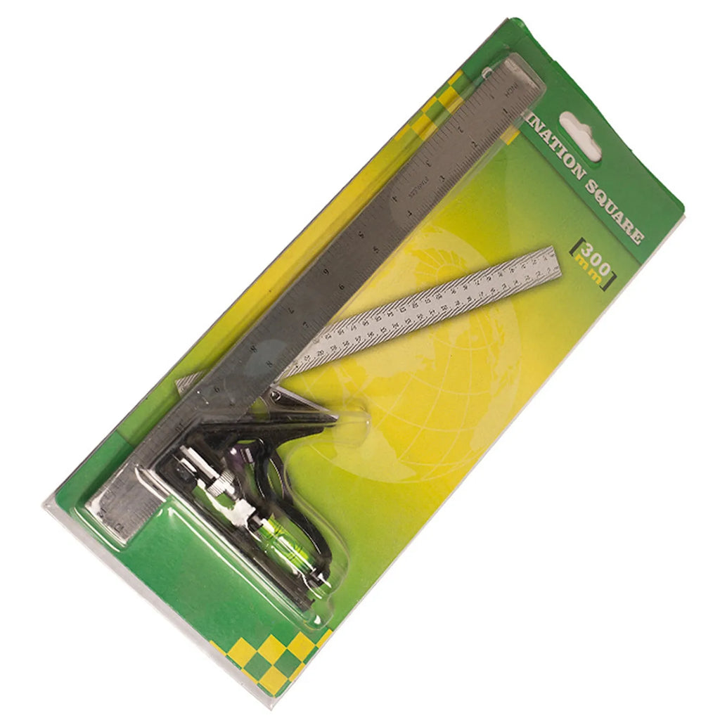 Red metal combination angle ruler showing dual-sided metric and imperial graduation scales.