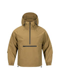 Men's light grey loose half-zip hooded corduroy jacket on a hanger