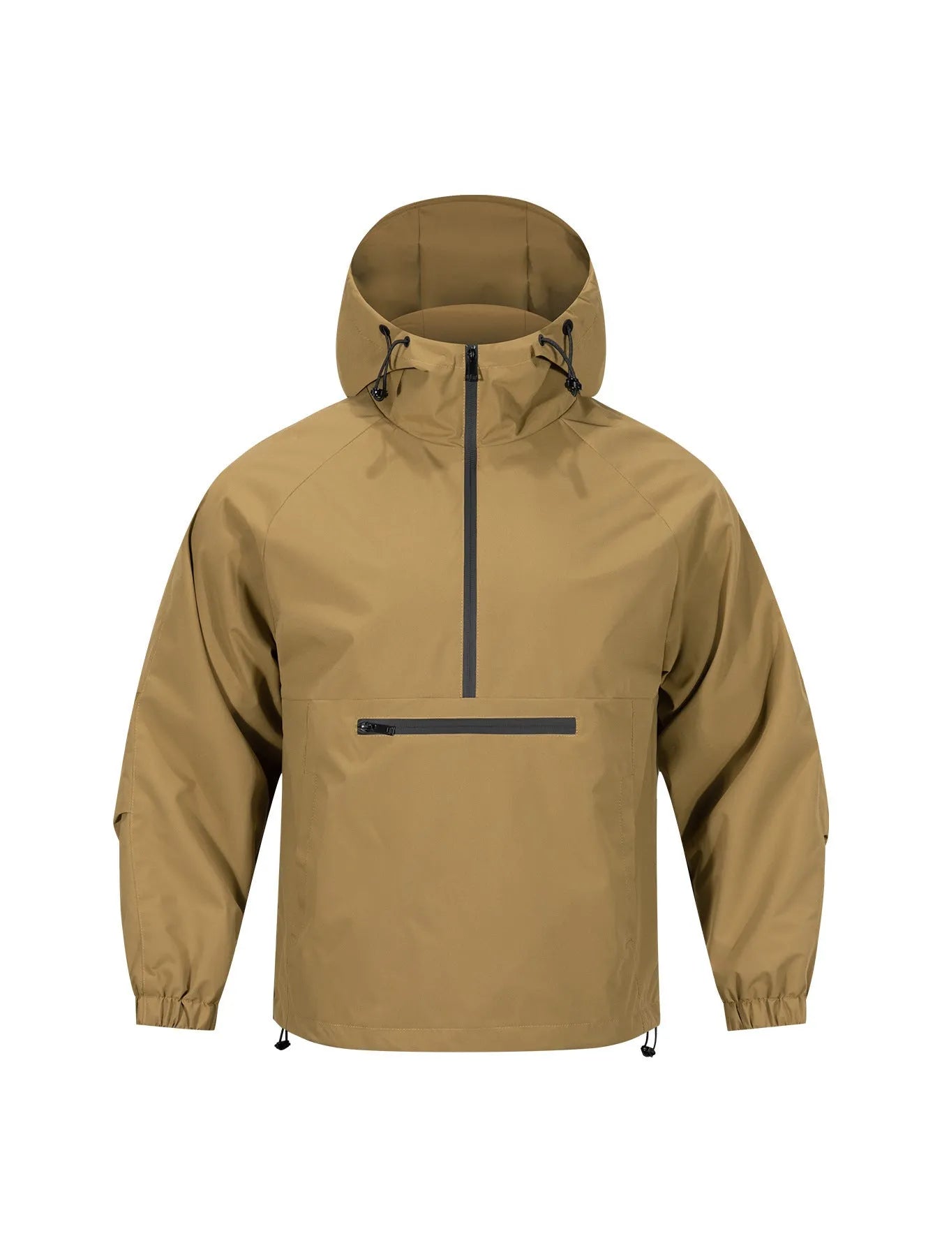 Men's light grey loose half-zip hooded corduroy jacket on a hanger
