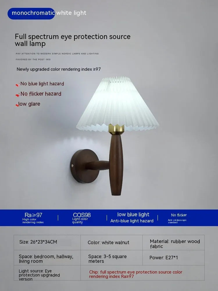 American retro style wooden wall lamp with fabric shade in walnut finish
