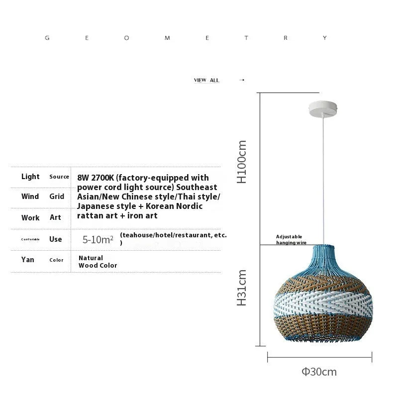 Vine woven rattan pendant lamp with natural textured shade in Southeast Asian tea room style