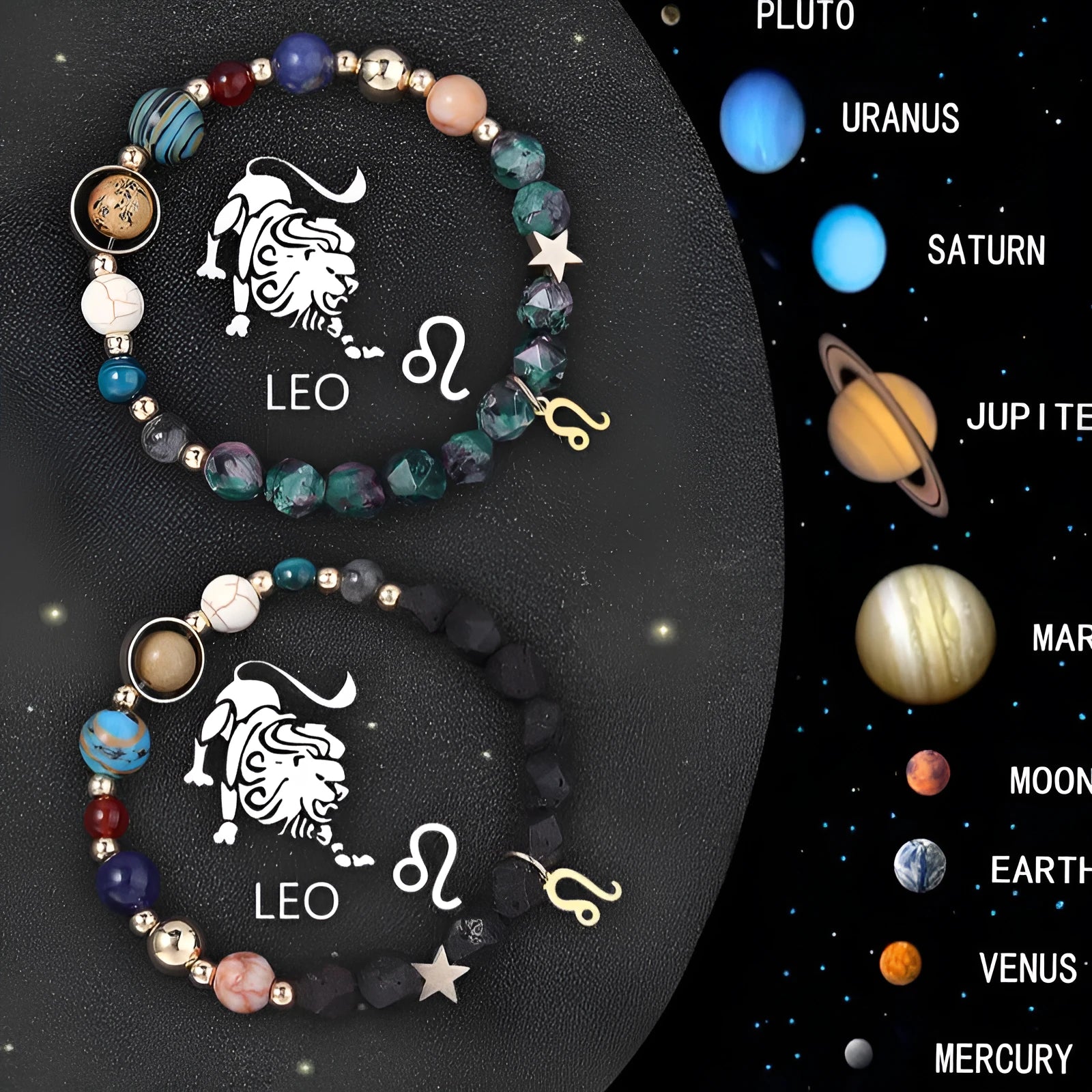 Complete set of twelve zodiac sign bracelets with natural stone beads and adjustable closures