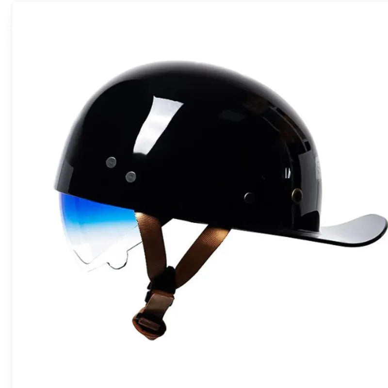 Men's retro electric bicycle half helmet in bright black with gradient blue lens