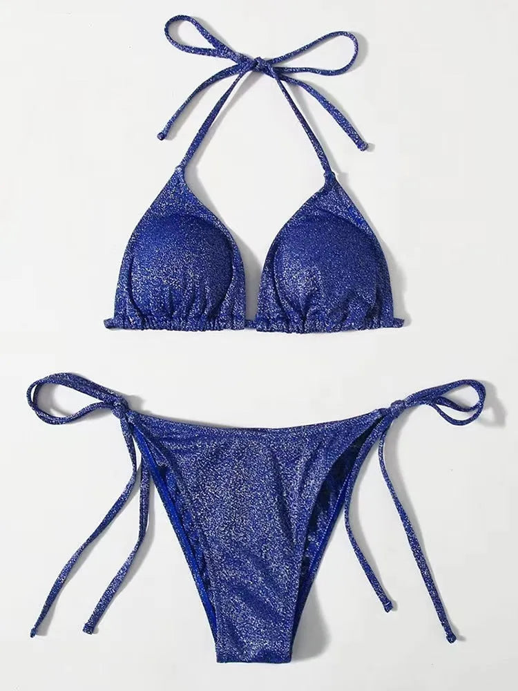 Women's split bandage bikini swimsuit in polyester fabric showing six colour options
