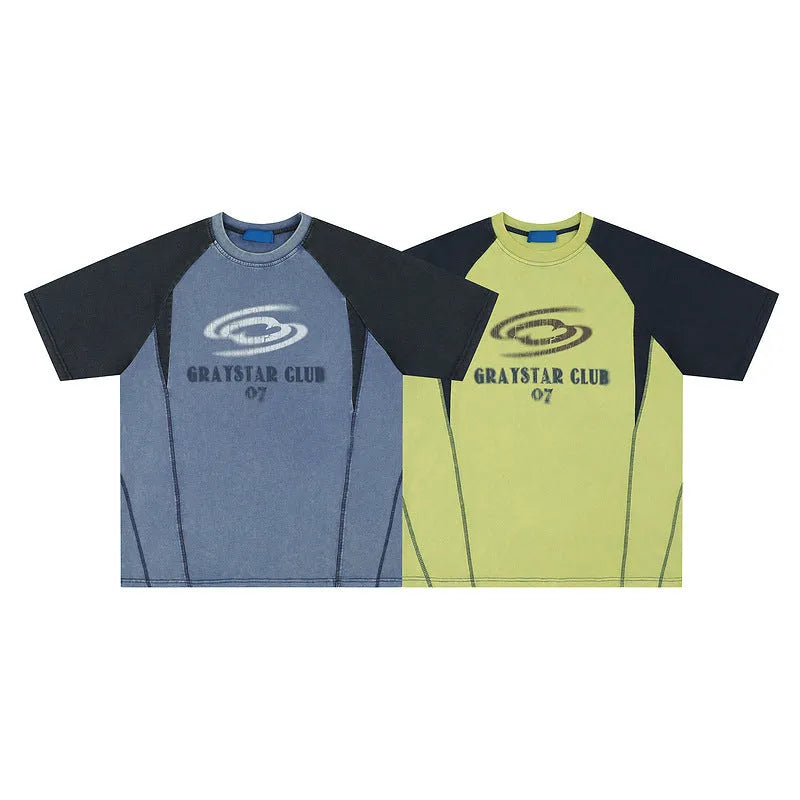 Men's blue raglan sleeve t-shirt with large white letter print in loose fit style
