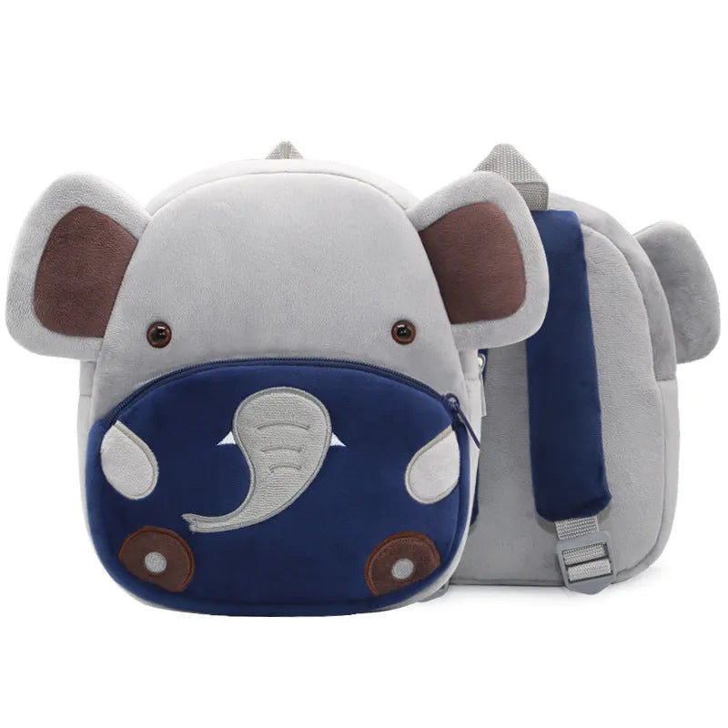 Soft plush animal backpack for children in dinosaur design with zipper closure.