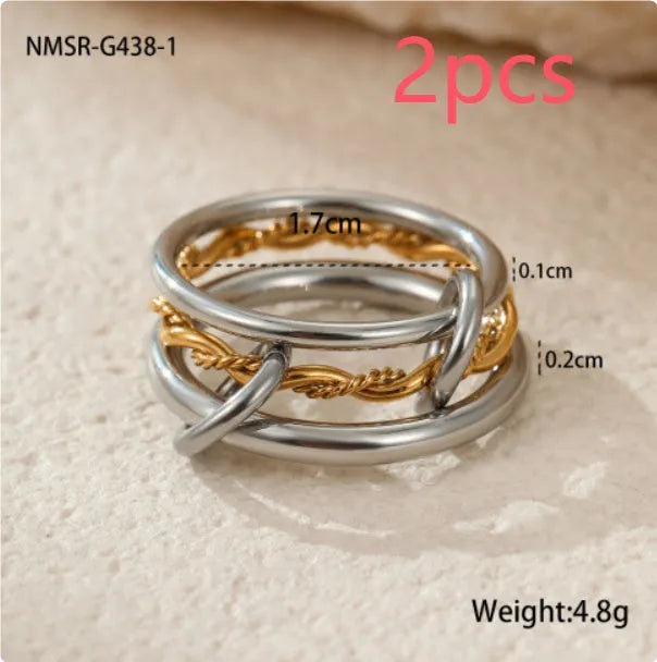 Stacked colour matching stainless steel ring set with 18K gold plating in free size