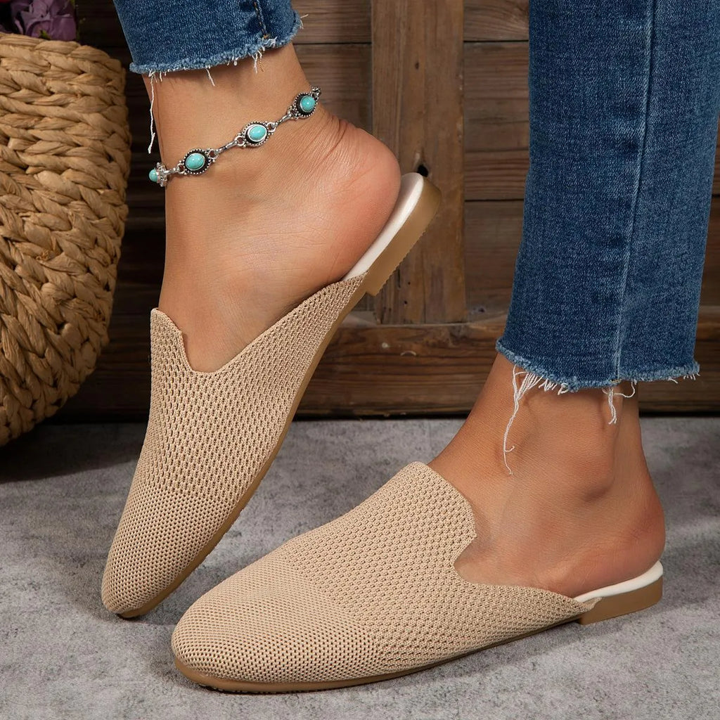 Mesh slip-on sandals in apricot, blue, or green with round toe and flat rubber sole