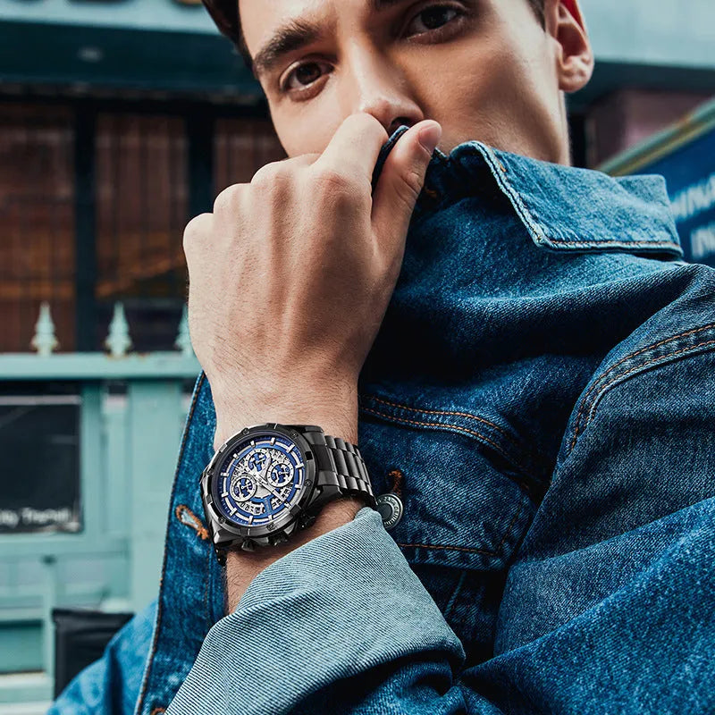 Men's waterproof luminous quartz watch with steel band in black and blue colour option