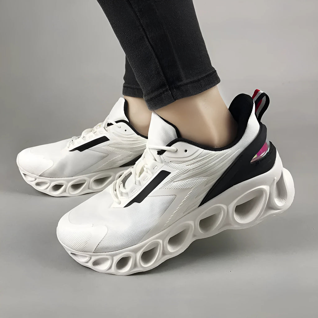 Men's black breathable mesh casual sports trainers with lace-up front and white EVA sole.