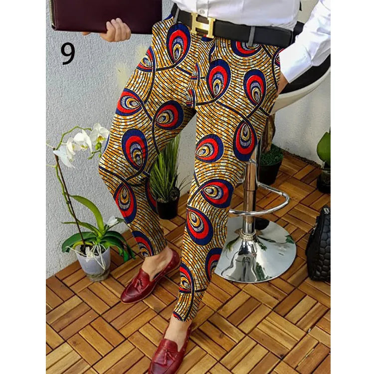 Men's slim-fit plaid casual trousers with 3D digital printed pattern in straight-leg style