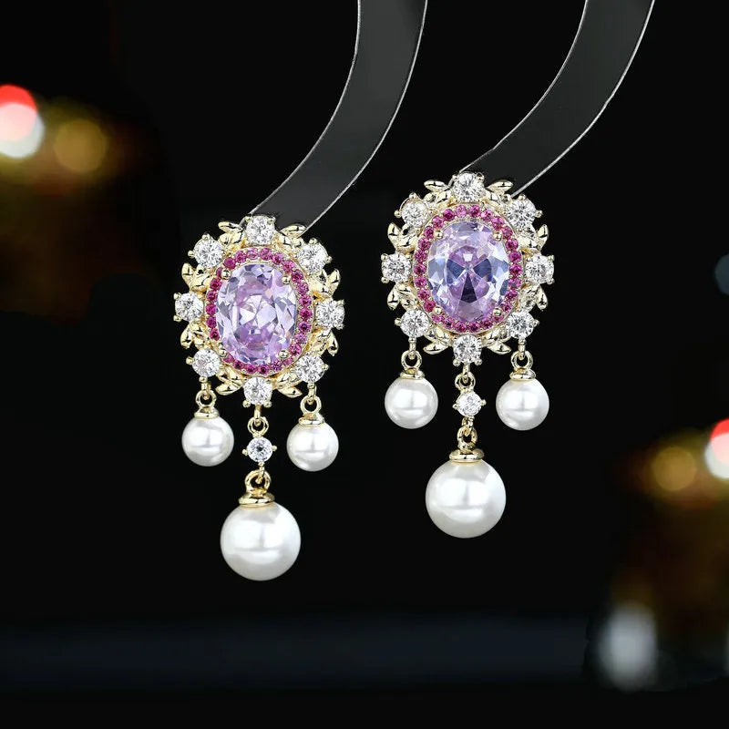 Copper oval earrings with zircon inlaid detail and pearl tassel pendant in light purple colour