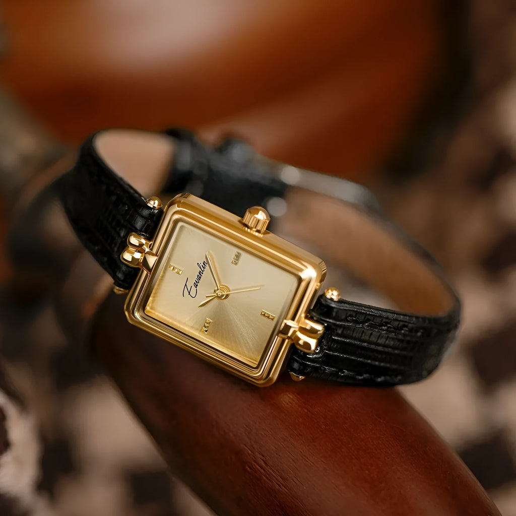 Women's retro small square watch with black leather strap and gold frame, 8mm thickness