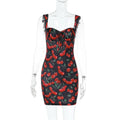 Red strapless high waist short dress with lace-up front and cute print on a model