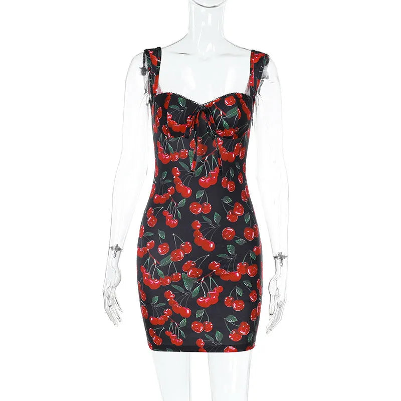Red strapless high waist short dress with lace-up front and cute print on a model